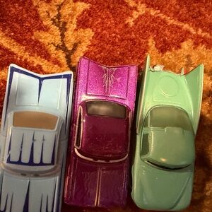 Set of Three Vintage Toy Cars in Blue, Purple, and Green